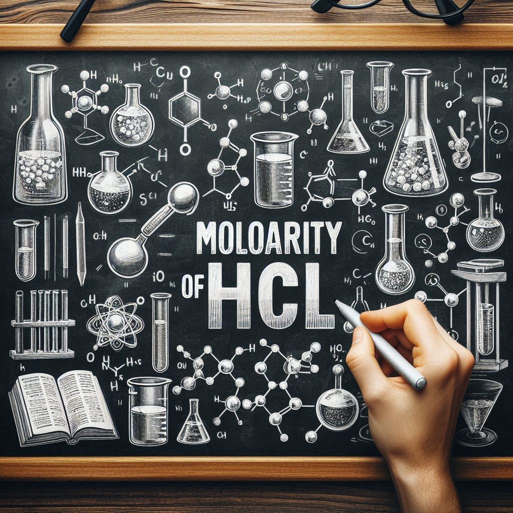 A hand-drawn chalkboard illustration featuring the term "Molarity of HCl" in bold letters.