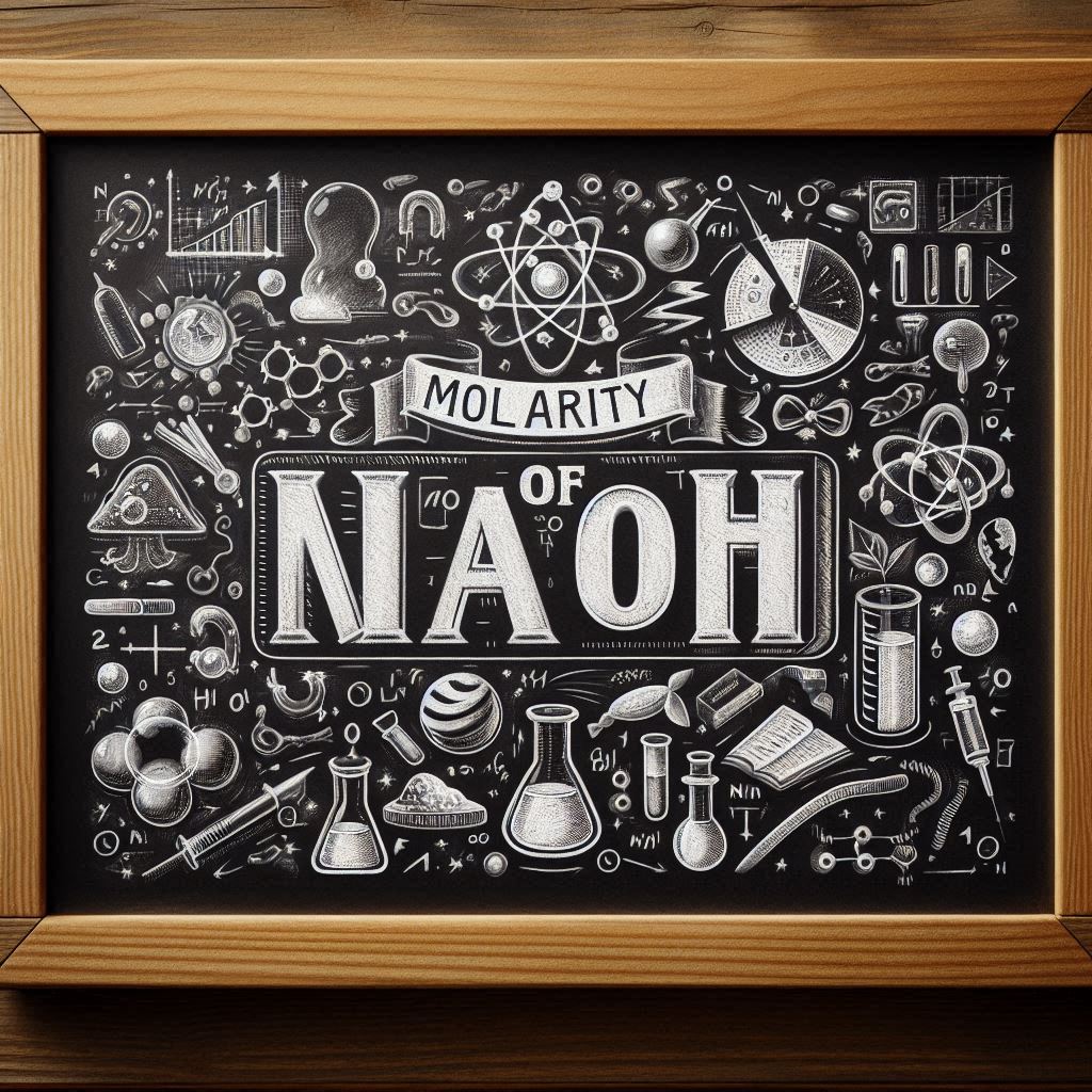 a chalkboard scene with various scientific illustrations, highlighting the term "Molarity of NaOH" in bold letters.