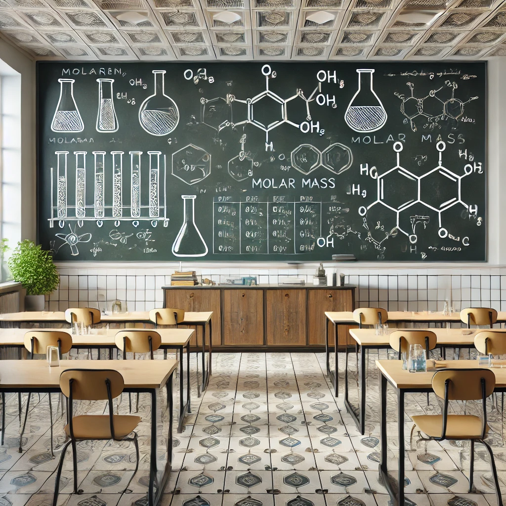 A classroom environment featuring a large chalkboard displaying chemical equations related to molarity and molar mass