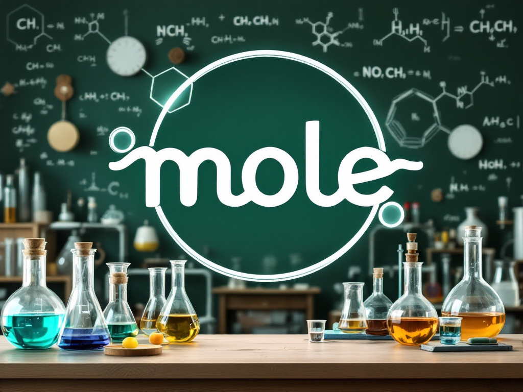 A chemistry lab with a molecule drawing and the word 'mole'