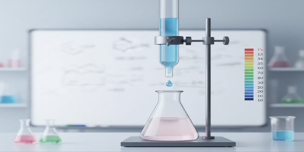 A burette dispensing blue liquid into a flask with pink solution during a titration experiment, with a pH scale and lab background.