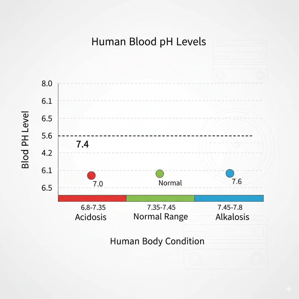 A bar graph showing human blood pH levels with three ranges: Acidosis (6.8-7.35, red), Normal Range (7.35-7.45, green), and Alkalosis (7.45-7.8, blue).