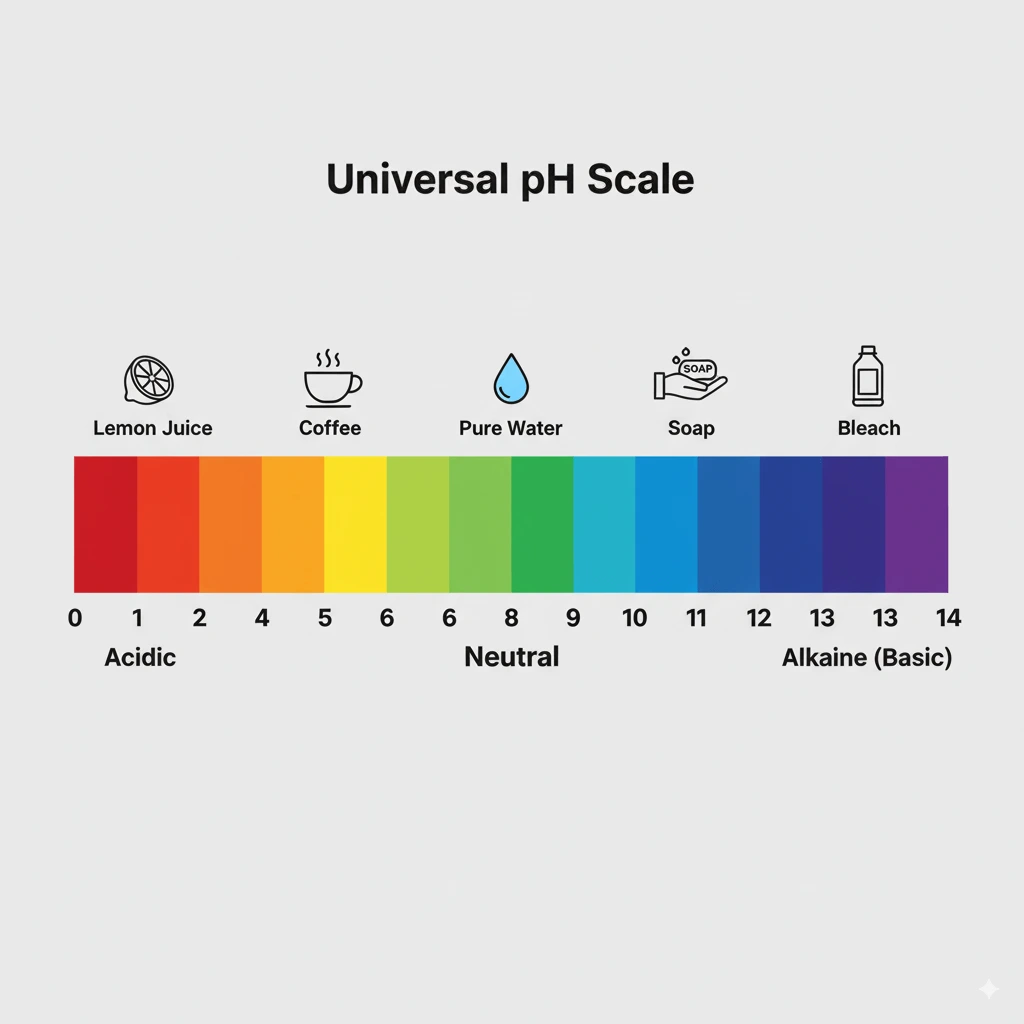 A horizontal pH scale rainbow-colored from red (0) to purple (14). Labels include "Acidic" below 0-6, "Neutral" at 7-8, and "Alkaline (Basic)" above 8-14.