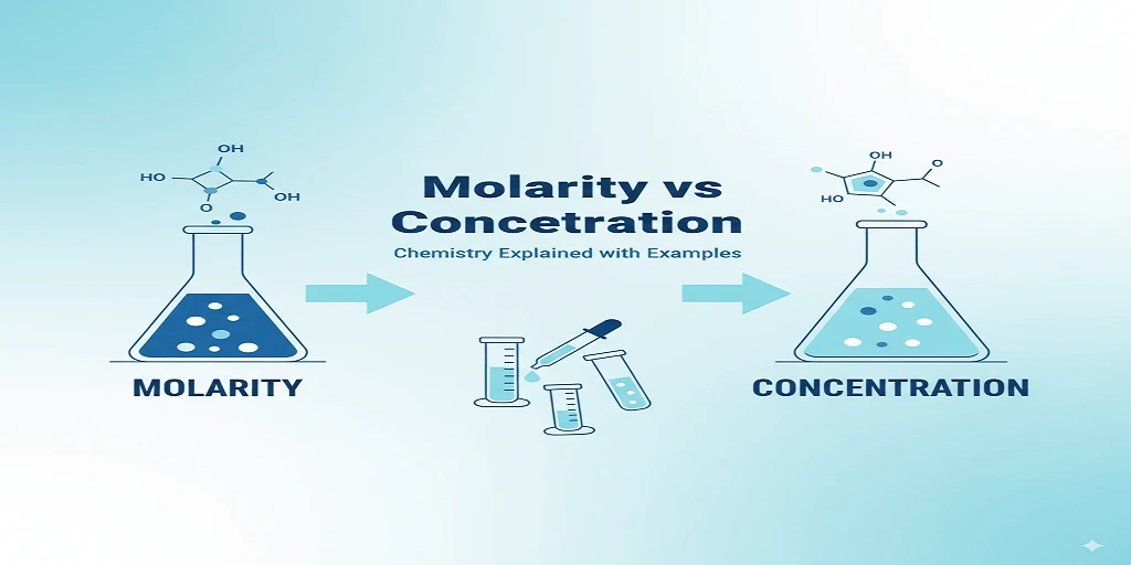 Illustration of beakers and molecular structures showing molarity vs concentration in chemistry.