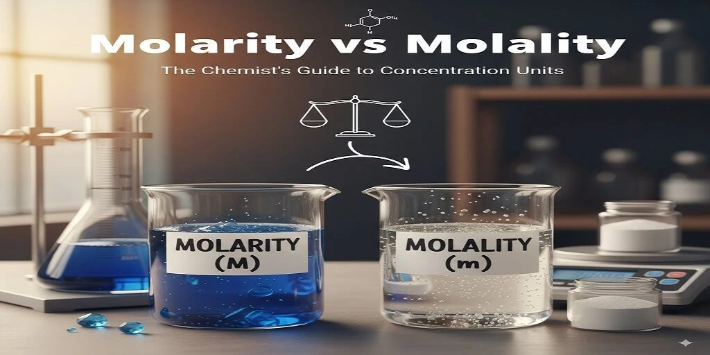 two beakers in a laboratory setting. The left beaker, filled with a blue liquid, is labeled 'MOLARITY (M)'. The right beaker, filled with a clear liquid, is labeled 'MOLALITY (m)