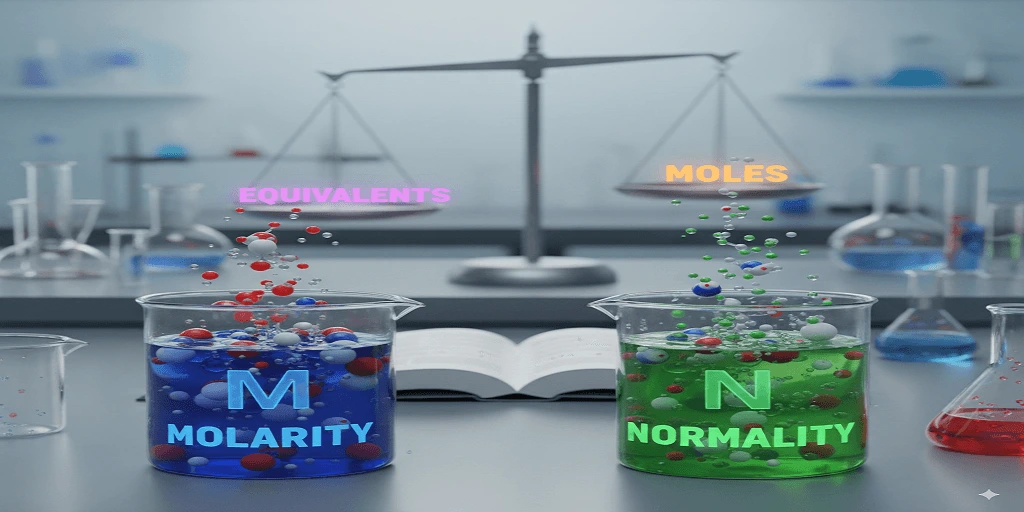 Two beakers, one blue labeled "M Molarity" and the other green labeled "N Normality